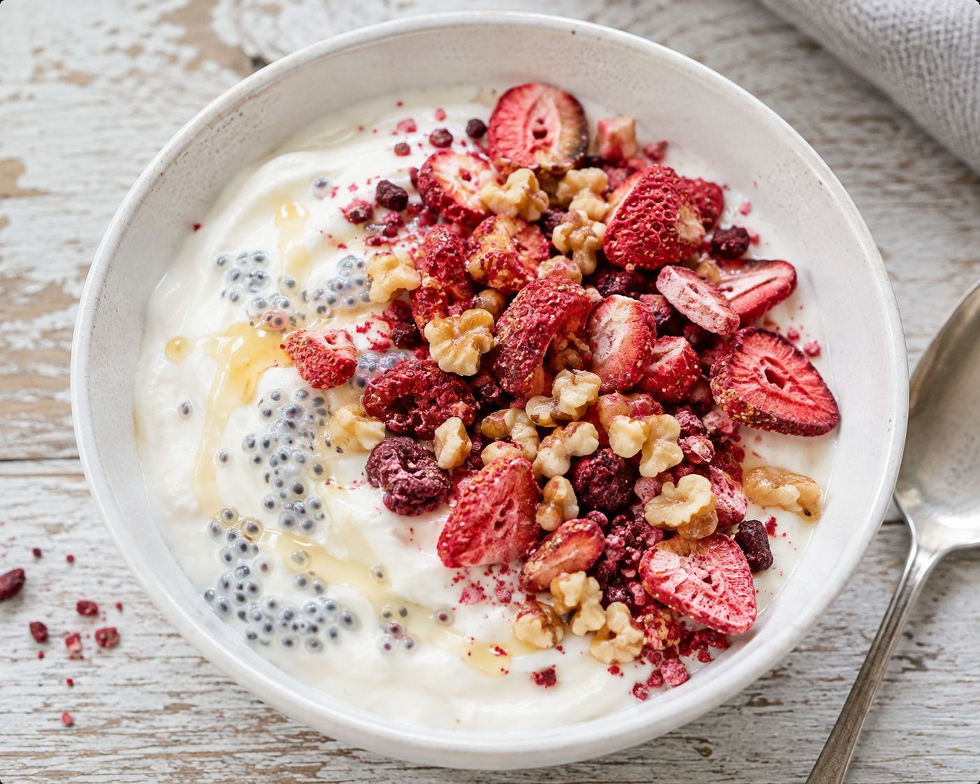 White bowl of yogurt topped with freeze-dried strawberries, walnuts, basil seeds and honey