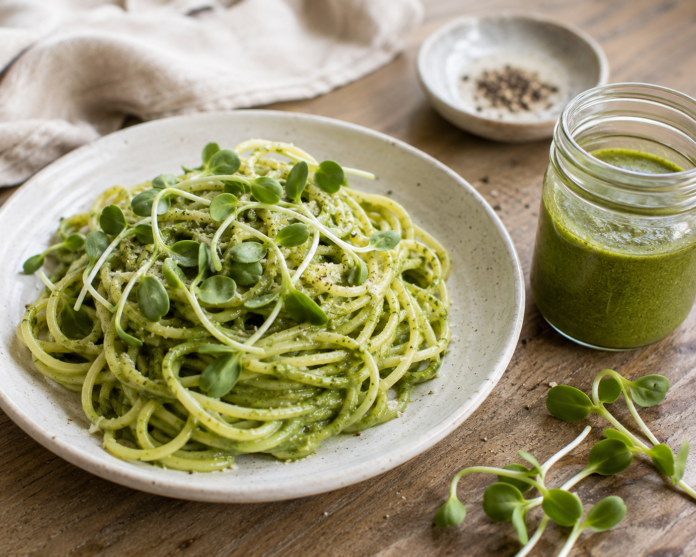 Bowl of spaghetti coated in green sunflower microgreen pesto with microgreen garnish and a jar of pesto beside it
