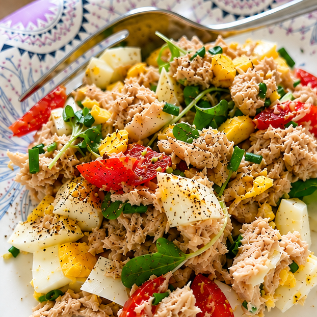 Plate of tuna and egg salad with chopped heirloom tomato, chives and microgreens