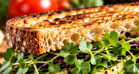Toasted sourdough sandwich filled with avocado, tomato, provolone, and organic microgreens