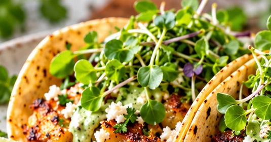 Corn tortillas filled with crispy smashed potatoes, green goddess dressing, cotija cheese, and organic microgreens