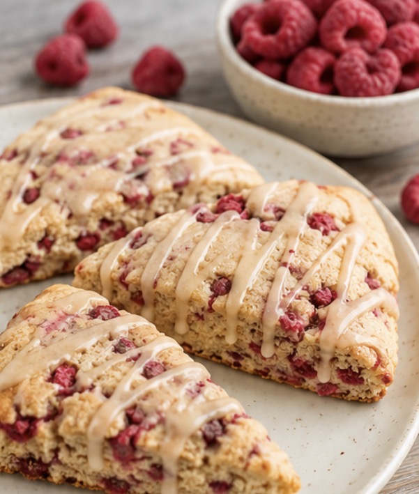 Three triangular almond flour scones drizzled with glaze and studded with freeze-dried raspberries on a white plate
